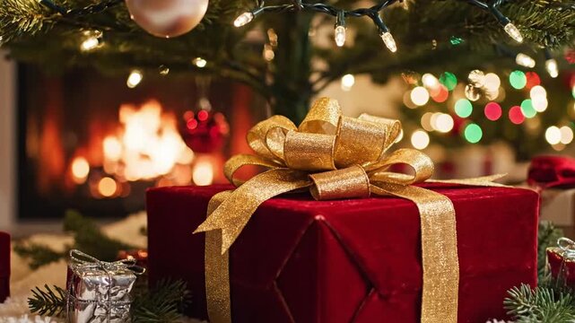 Christmas gift under the tree with lights shining in a warm living room by the fireplace during the holiday season