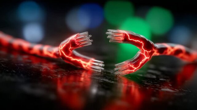 9A red network cable shaped into a broken link symbol on a reflective black surface, warning sign placed at the break point, subtle neon light accents, abstract cybersecurity visual