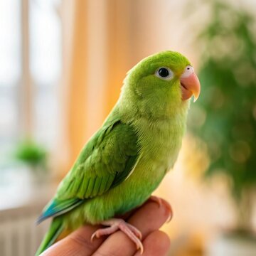 Tiny parrotlet bird perched on a hand cozy home background blurred soft focus close-up view adorable pet concept