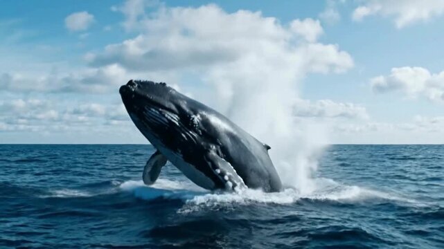 Majestic humpback whale bursts forth from the ocean, displaying awe-inspiring power and grace against a backdrop of a clear blue sky and fluffy clouds.