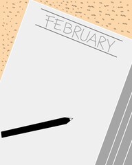 A clean February page layout with a pen on a minimalist notebook, perfect for planning, journaling, and creative projects in office or home settings.