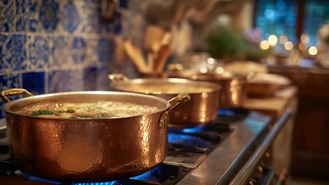 72Rustic copper pots simmering gently on a farmhouse-style stove, steam rising softly, wooden utensils and tiled backsplash blurred in background, homely comfort and traditional cook