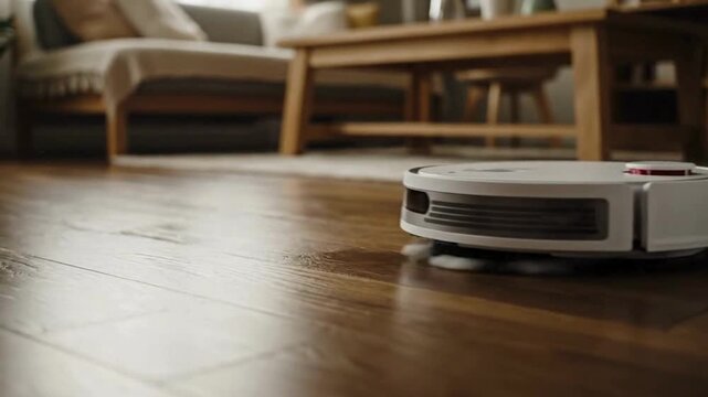 A modern and advanced robotic vacuum cleaner effortlessly gliding across the sleek, polished hardwood floor of a contemporary living room. showing smart home convenience.