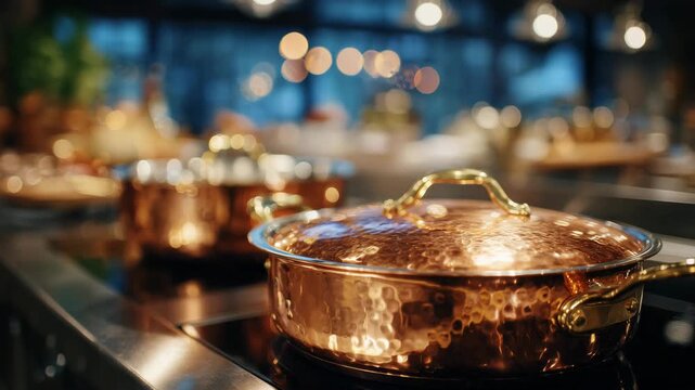 77Close-up of copper pot lids stacked beside a pan on the stove, reflections create abstract patterns, warm color palette, shallow focus emphasizes premium material quality and kitch