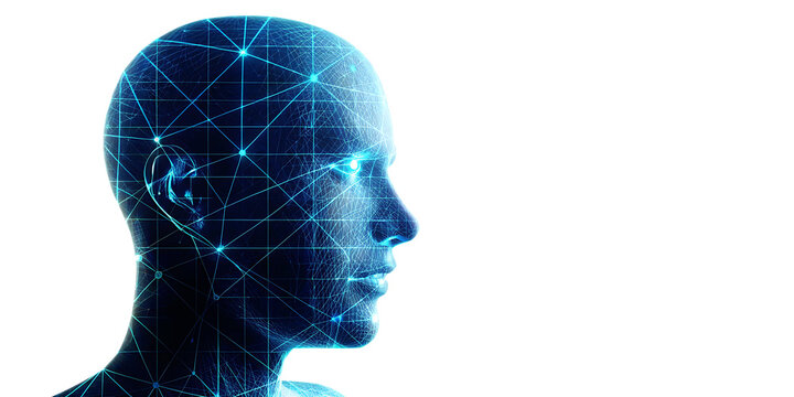 Blue digital human head with network connections isolated on a transparent background