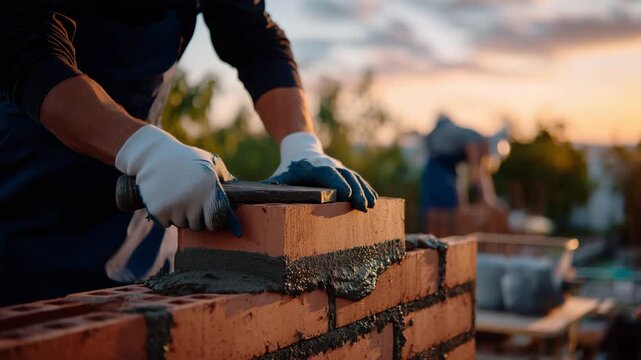 87Detailed macro view of gloved hands pressing a red brick into wet mortar, thick mortar squeezing slightly at the edges, warm orange sunset glow illuminating the scene, background s