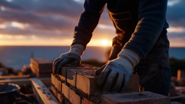 90Cinematic close-up of gloved hands laying red bricks as the sun dips below the horizon, mortar texture and brick imperfections visible, warm dramatic lighting, timeless constructio