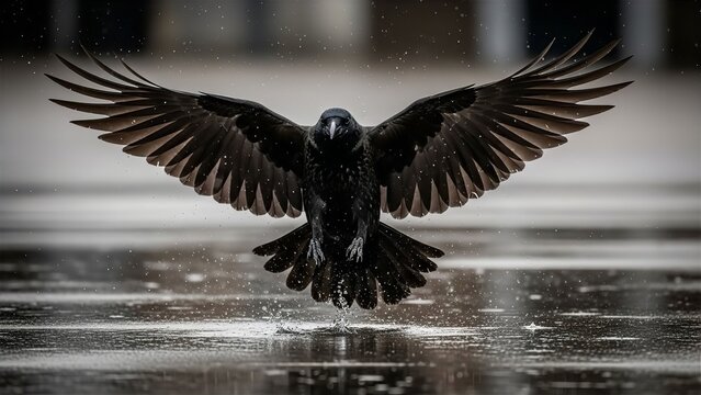 Crow Taking Off from Rainy Sidewalk