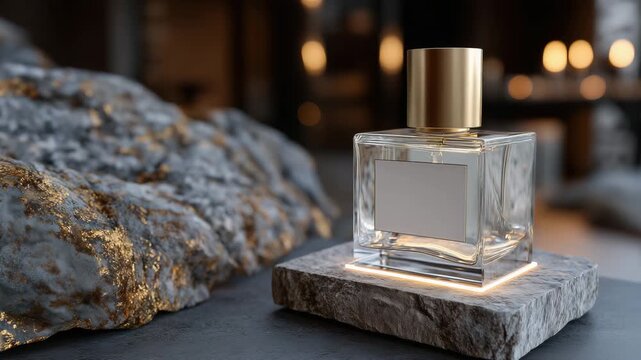 451Perfume bottle mockup on flat stone slab, soft rim lighting highlighting edges and liquid inside, dark moody background with subtle gradients, elegant and minimalist composition
