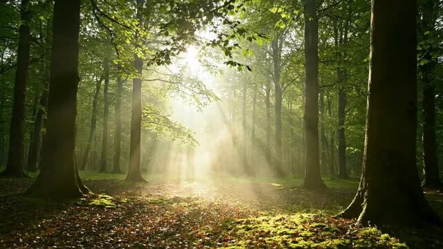 Sunlight streams through a lush forest, creating a captivating display of light and shadow among the trees and revealing the beauty of nature.