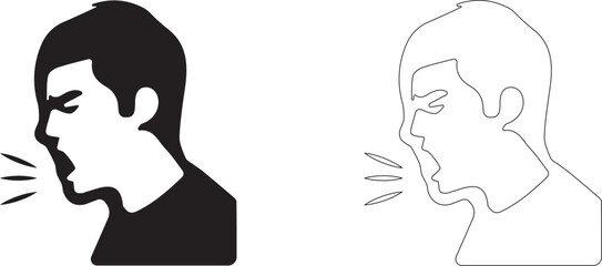 Man coughs with his eyes closed, not covering his mouth with his hand. Vector illustration of bacteria spreading.