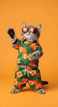 Cool cat wearing sunglasses and a hawaiian shirt and shorts, waving paw