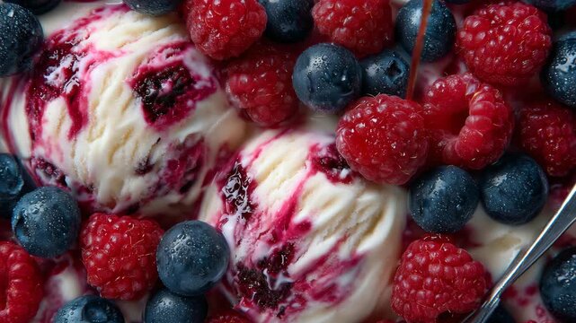 467Macro perspective of creamy pink and white ice cream, raspberries and mixed berries swirled inside, glistening texture with slight melting, spoon visible at edge, delectable and re
