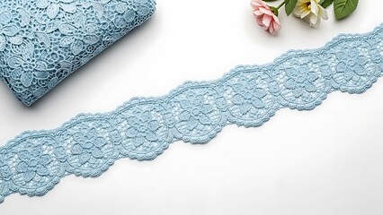 Delicate blue lace trim with floral accents
