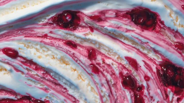 471Extreme close-up of raspberry ice cream swirls, pink and white creamy layers blending together, tiny raspberry seeds and juice streaks visible, soft ambient light, rich dessert det