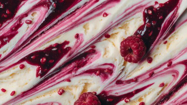 470Extreme close-up of raspberry ice cream swirls, pink and white creamy layers blending together, tiny raspberry seeds and juice streaks visible, soft ambient light, rich dessert det