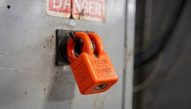 Clear focus on orange lockout device secured on power switch faded warning signs visible in background representing lockouttagout safety protocols.