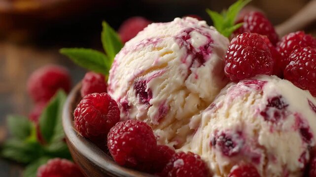 474Creamy ice cream with pink and white swirls, fresh raspberries scattered inside and on top, melting edges glistening under soft light, detailed dessert texture, rich and inviting c