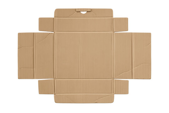 Unfolded cardboard box template with brown textured surface, packaging design, shipping, delivery, mailing and moving concept