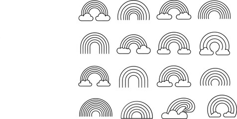 Collection of black and white rainbow and cloud line art icons vector