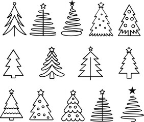 Collection of twelve black and white line art Christmas trees xmas tree holiday