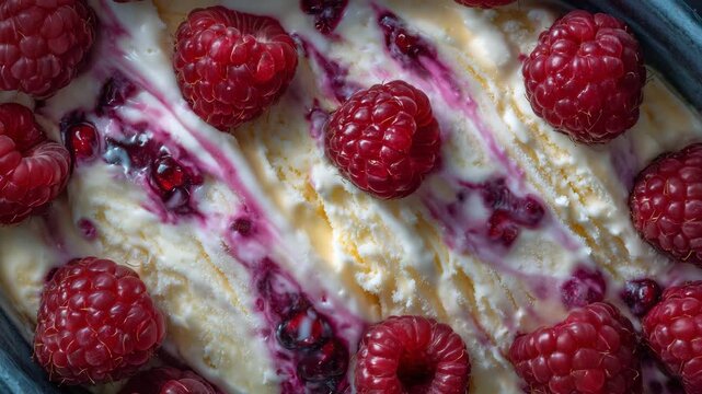 482Close-up of creamy ice cream with fruit ribbons, pink and white swirls, fresh raspberries and berry compote streaks visible, detailed texture showing softness and gloss, appetizing