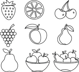 Simple line art collection of fruits and berries strawberry orange slice