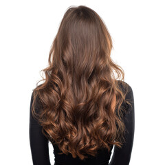 Naklejka premium Rear view of a woman with long, voluminous brunette hair styled in soft ,isolated on transparent background