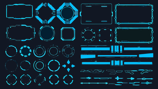 Collection of glowing neon blue frames shapes and design elements
