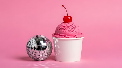 Pink ice cream with cherry and disco ball