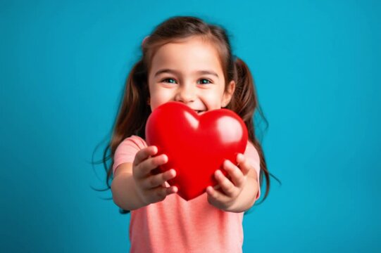 Little girl in pink t-shirt isolated with a heart in her hands with cyan background