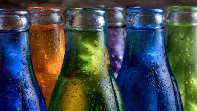 504Close-up of colorful soft drink bottles lined up in a row, each bottle featuring a different vibrant color, glossy glass surfaces reflecting light, condensation droplets visible, f