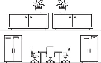 Fototapeta premium Modern Office Setup with Cabinets Desk Chairs and Potted Plants