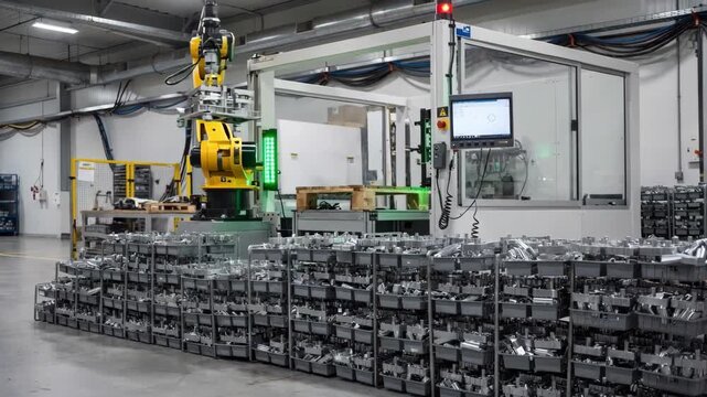 Industrial robot loading metal parts into a palletized threading cell surrounded by a neatly stacked array of trays showcasing organized workflow.