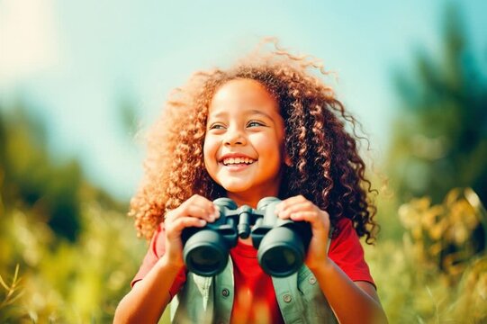 Little girl looking through binoculars on a field trip