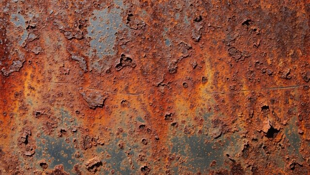 A close-up view of a rusty metal surface with orange and blue hues