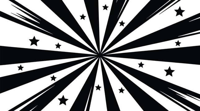 Sunburst comic zoom background with black radial rays and stars for manga action transition