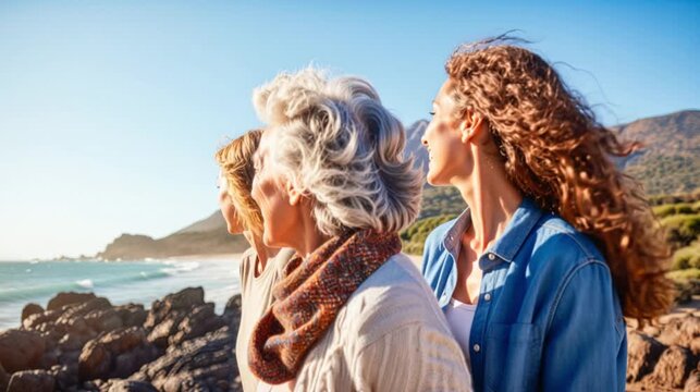 Grandmother and two granddaughters looking at the ocean on a spring day.