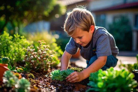 8 year old boy planting plants in a small garden in his home garden