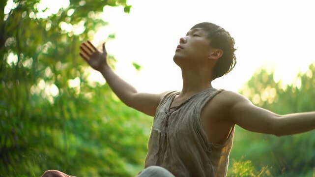 An ethnically ambiguous person in natural-fiber clothing meditates in a tranquil, sun-dappled forest or studio, rising gracefully towards an ethereal light. Crane video captures a profound spiritual