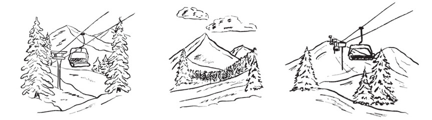 Hand drawn triptych of winter mountain scenes with ski lifts, pine trees, and snowy peaks. Vector sketch illustration in vintage crayon charcoal style. Winter sports, skiing, snowboarding © Nataliya Pokrovska