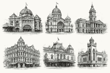 Obraz premium Historic European Buildings and Classical Architecture Hand-Drawn Engraving Illustration Set