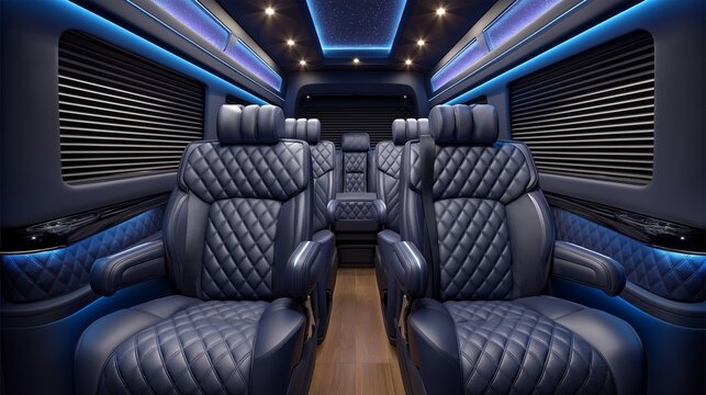 A blue and white van with a blue interior