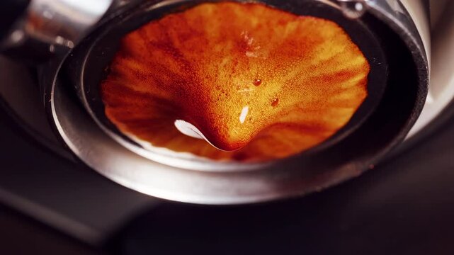 Slow motion espresso drop forming after extraction stop, macro view of thick golden crema dripping from bottomless portafilter, highlighting perfect texture and pressure balance