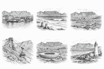 Vintage Landscape Scenes, Coastal Views and Natural Landmarks Hand-Drawn Sketch Illustration Set