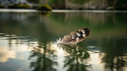 Eagle Feather Floating on River Surface