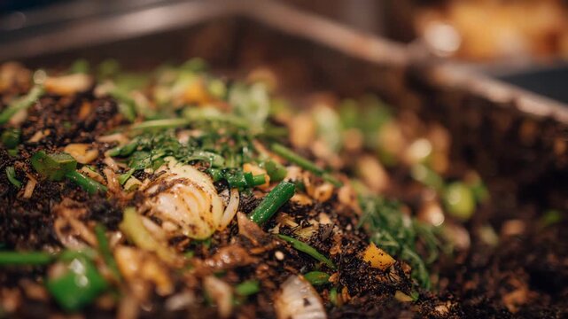 545Close-up of organic material in large indoor compost plant, moist and textured vegetable scraps, detailed surface patterns, industrial environment softly visible in background