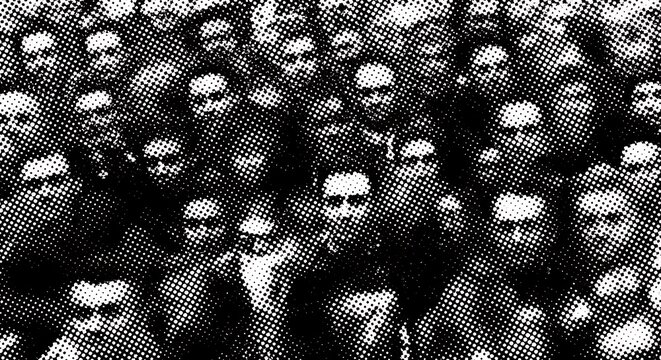 Black and white halftone crowd of people faces pattern