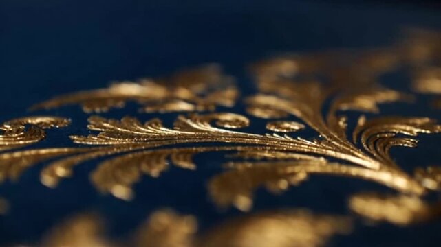 Golden floral pattern on deep blue velvet surface, luxury ornament decoration