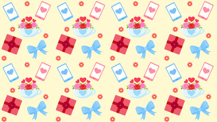 Seamless Valentine-themed pattern featuring gift boxes, blue bows, smartphones with heart icons, flower cups, and small floral elements on a soft cream background. Cute, romantic, illustration style